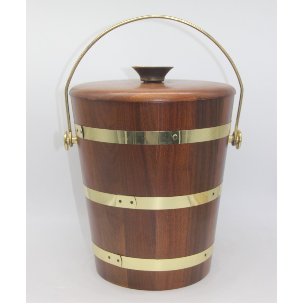 Ice Bucket Walnut Brass Vtg 1960's MCM Vermillion With Plastic Lining Inside